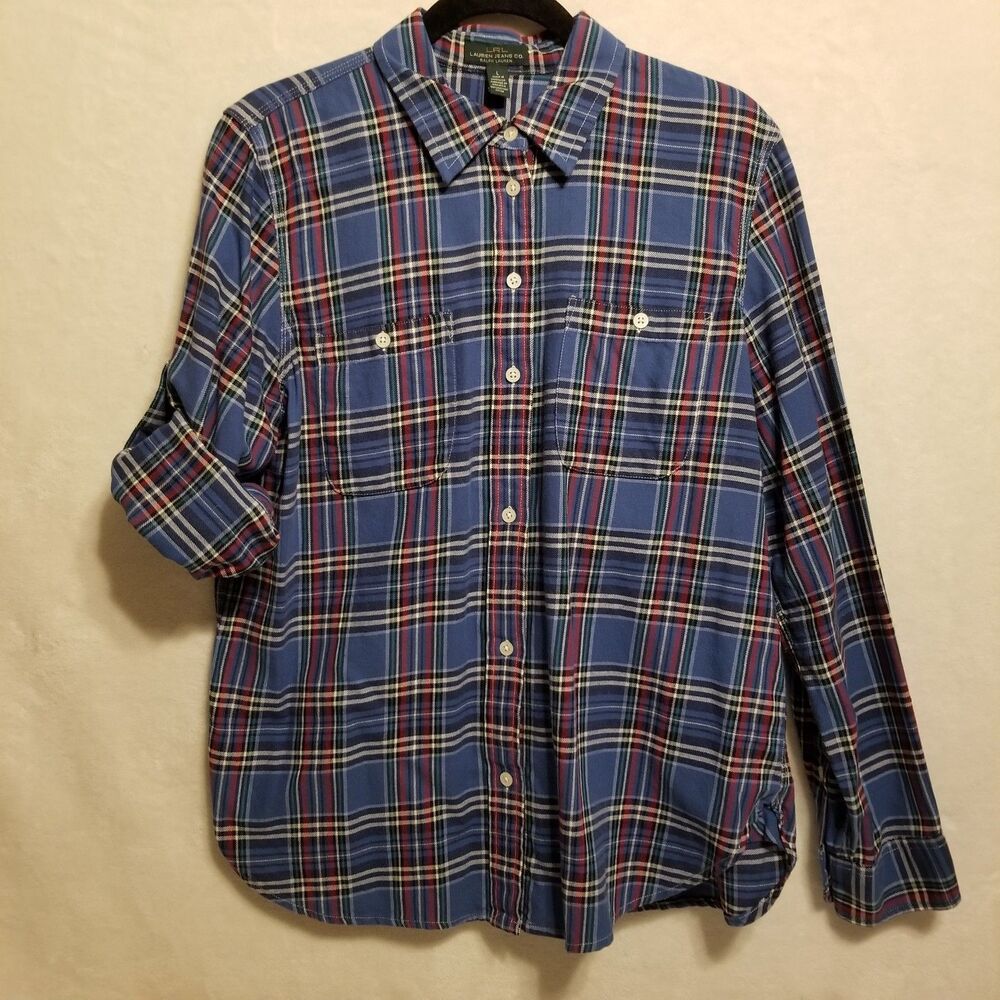 LRL Lauren Jeans Co L Top Blue Plaid Button Front Cotton Roll Tab Sleeve Grunge